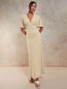 COSMINA Women's Solid Color V-Neck Short Sleeve Waist Fitted Long Dress, Summer,Business Casual Woman