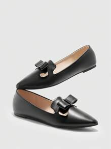 CUCCOO BIZCHIC Women's Pointed Toe Flat Black Bow Metal Buckle Comfortable Elegant Office Work Shoes