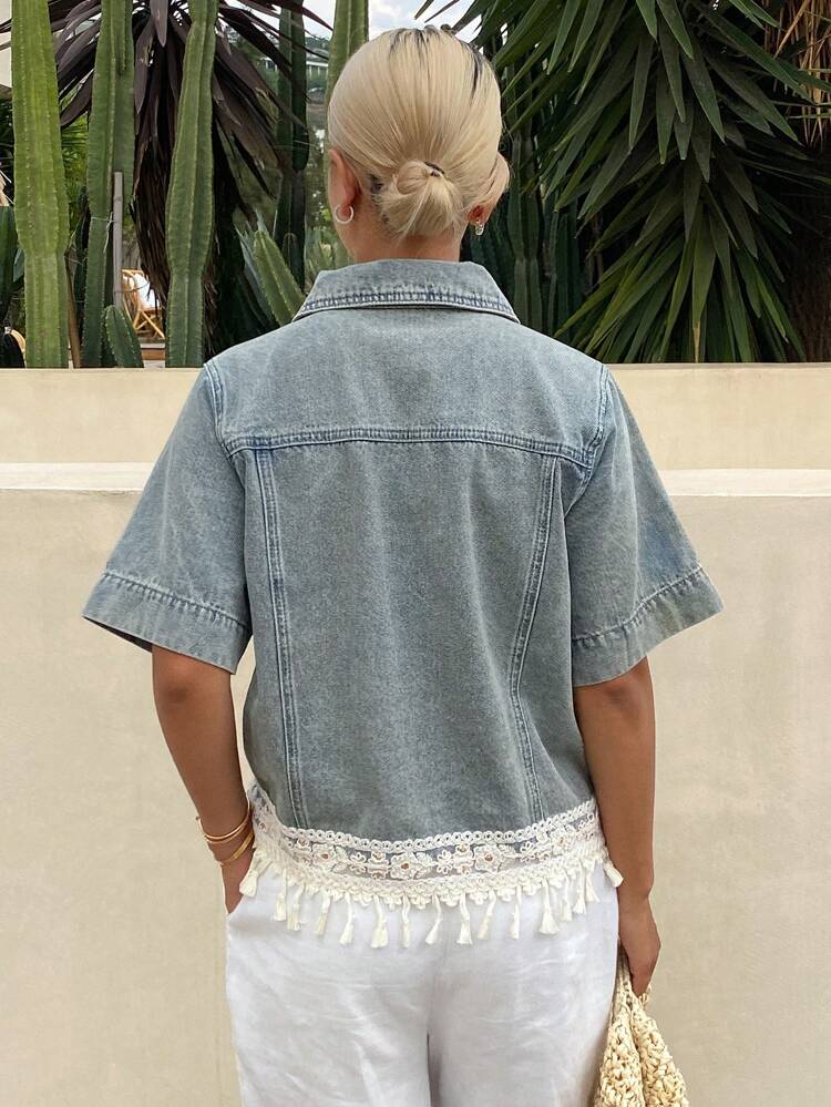 Women's Summer Lace Fringed Hem Patchwork Denim Jacket,Back To School Clothes
