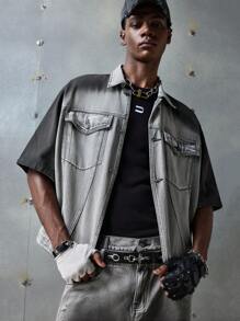 NEON BLANC Chemise en jean à manches courtes de mode de rue pour hommes, convient pour l'été - Noir et Blanc - Voir 4