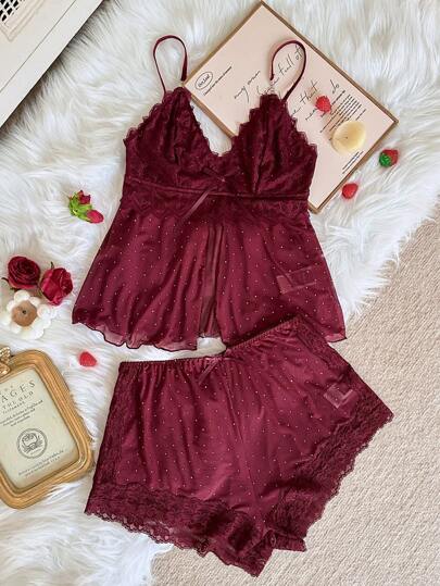 SilkySpell 2pcs Set Sexy Lace Splicing Rhinestone Mesh Camisole And Sexy Pajama Pants For Women Lingerie Set 2 Piece Set Lingerie Short Set Summer Pajama  For Women