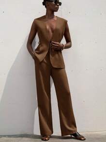 Aveloria Modichic Women Solid Color Tied Waist Sleeveless Blazer And Pants 2 Pieces Suit Set - Brown - View 4