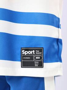 SUMWON 大学青年T恤套装运动都市风格98印花条纹休闲夏季服装街头时尚男孩两件套日常穿着 - 藍白色 - 查看 6