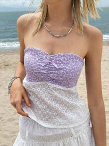 SHEIN Bubbli Top tubo de mujer con lazo decorativo, fruncido en el busto, estampado, con espalda descubierta y atado por delante, para el estilo de vacaciones de verano - Multicolor - Ver 6
