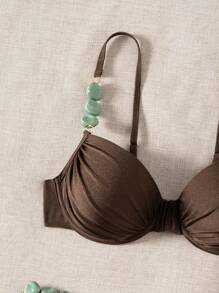 Swim Chiccia Women's Summer Solid Brown Shiny Nylon Fabric Sexy Underwire Fashionable Turquoise Accessory Linked Bikini Set