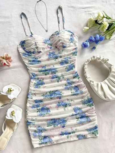 Soleia 女式度假修身网眼褶饰复古玫瑰印花细肩带迷你连衣裙，夏季