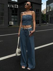 DAZY 2pcs/Set Women Summer Stripe Bandeau Top And Loose Wide Leg Jeans, Casual Denim Outfit