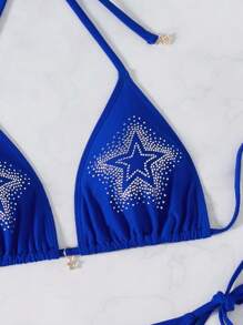 SHEIN Swim Women's Vacation Beach Swimsuit Set, Rhinestone Embellished For Summer - Blue - View 7