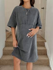 SHEIN Effen kleur zwangerschapsjurk met ronde hals en verlaagde schouders, casual zomerjurk met slijtage