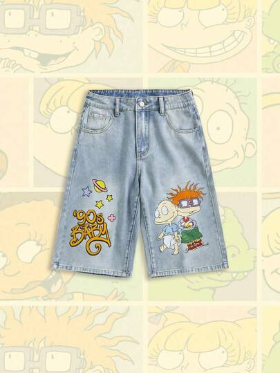Nick 90's X ROMWE Shorts vaqueros de mujer con estampa de dibujos animados, de longitud media