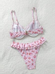 Soleia Pink Bathing Suit Vacation Outfits Women Beach Outfits For Woman Women's Floral Print Pink Bikini Set, Cute, Kawaii