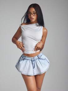SHEIN ICON Denim Super Low Rise Mini Skirt, Fashionable For Summer - Light Wash - View 7