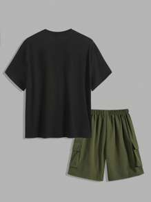 Tween Boys Black Summer Casual City Break Striped Utility Short Sleeve T-Shirt And Military Green Utility Shorts Set,College Style Comfortable Outfit - Multicolor - View 3