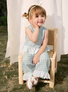 Cozy Pixies 2pcs Baby Girl Sets: Contrast Trim Crew Neck Sleeveless Cardigan Top And Elastic Waist Pants
