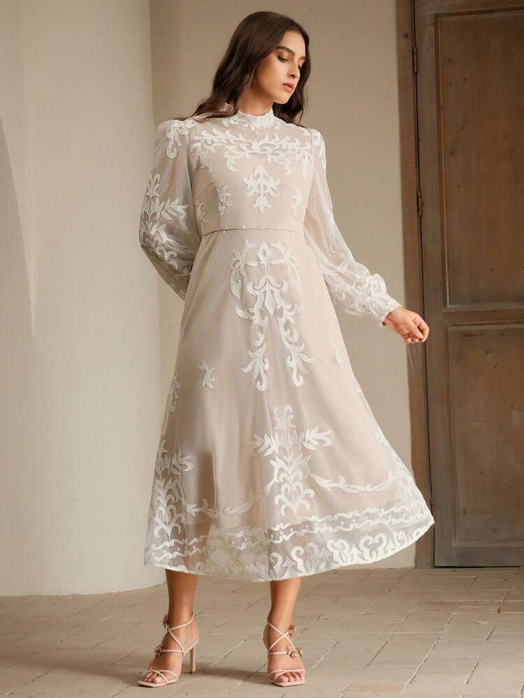 Vestido midi elegante con cintura ceñida, de manga larga, con bordados de encaje y malla para mujeres