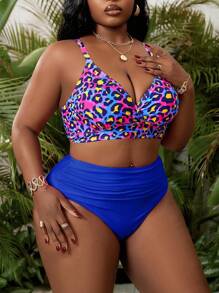 Slaydiva Plus Size Women 2 Pieces Colorful Leopard Print Tankini Swimsuit Set With Pinkish-Red Bottoms, Beach & Pool Vacation Outfit For Summer