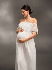 SHEIN 孕妇摄影蕾丝流苏装饰单肩长裙，洗礼派对 - 白色 - 查看 6