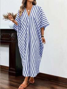 EMERY ROSE Plus Size Loose Striped Linen Long Sleeve Dress, Spring Summer Long Dress, New Beach Bikini Cover Up, Plus Size Long Cover Up For Beach/Pool - Royal Blue - View 3