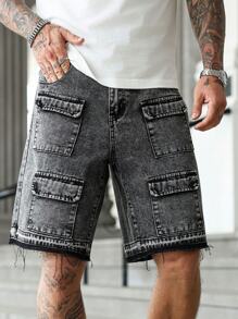 Manfinity Homme 男式多口袋毛边休闲百搭牛仔短裤