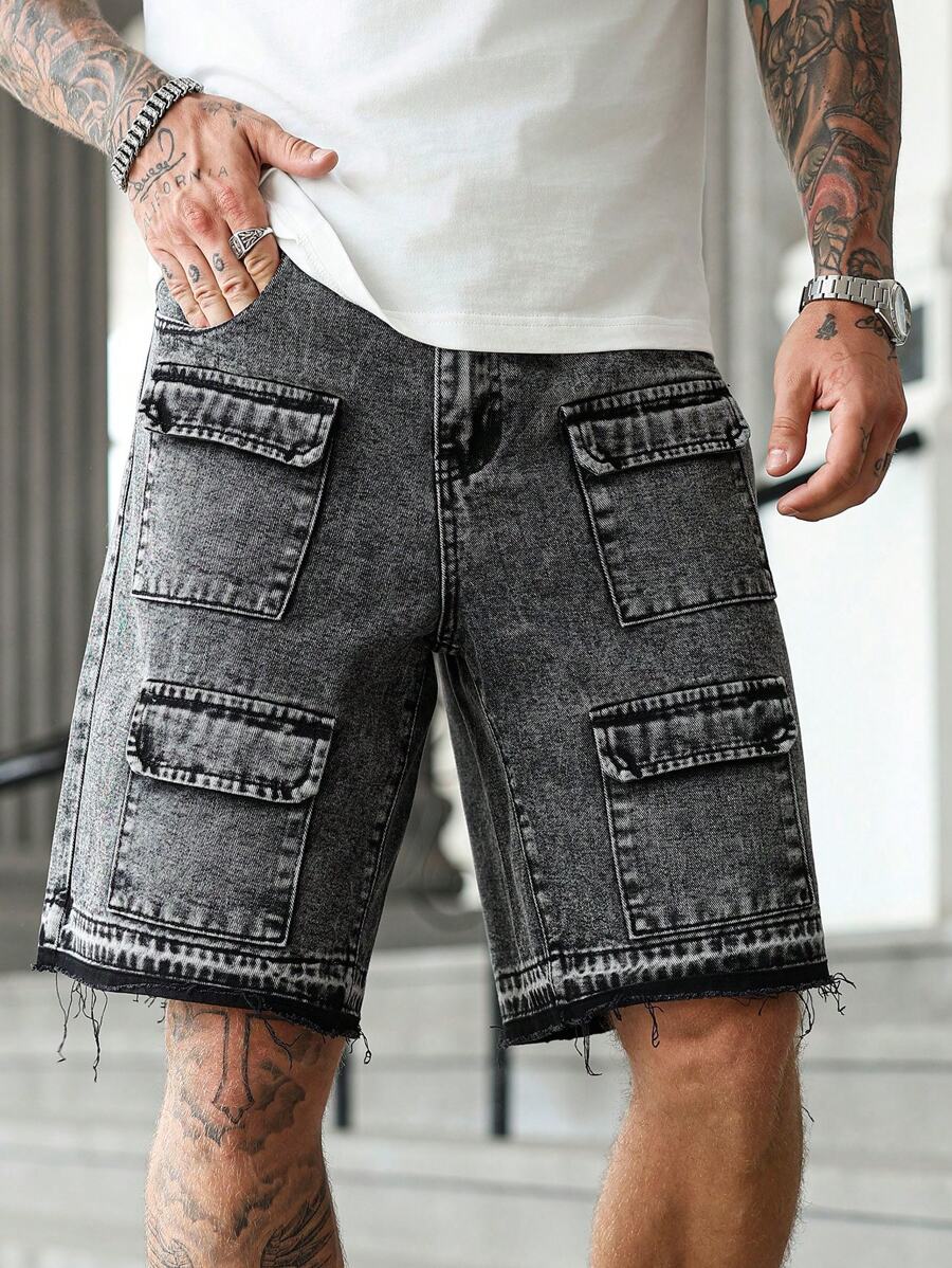 Manfinity Homme 男式多口袋毛边休闲百搭牛仔短裤