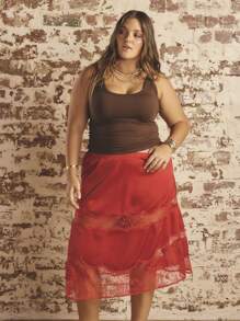 SHEIN Aralina-E Plus Size Women's Solid Color Elastic Waist Contrast Lace Elegant A-Line Skirt - Red - View 5
