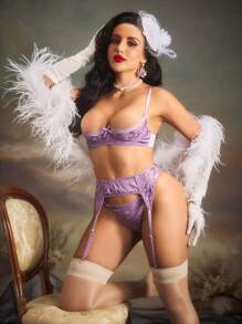 3pcs Vintage Romantic Jacquard Texture Cupless Sexy Lingerie Set, Lavender, Rave - Purple - View 5