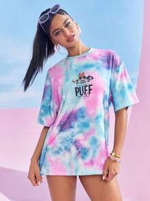 THE POWERPUFF GIRLS X SHEIN 扎染花朵、泡泡、毛茛图案圆领短袖 T 恤 - 彩色 - 查看 6