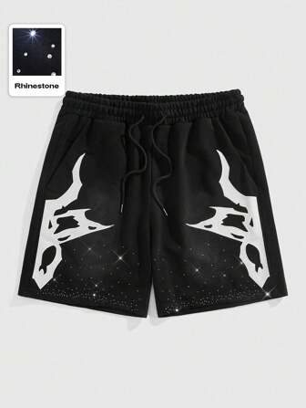 Street Life Men's Street Graphic Embroidered Rhinestone Decorated Shorts, Suitable For Daily Wear In Spring/Summer