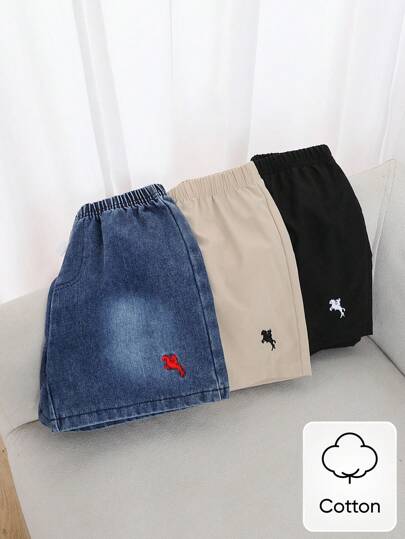 Set de 3 piezas Compra 1 Obtén 2 Shorts vaqueros de niño y 2 shorts casuales tejidos con pequeños bordados, adecuados para uso diario, escuela, exteriores, primavera/verano