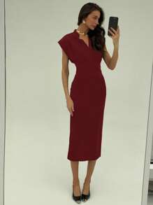 Aloruh Women's Solid Color V-Neck Cap Sleeve Cinched Waist Mid-Length Dress, Summer - Burgundy - View 6