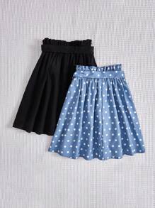 SHEIN Young Girl Loose Fit Casual Polka Dot & Solid Color Skirt 2pcs/Set