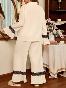 Conjunto de pijama plus size feminino, 2 peças/conjunto, blusa e calça estilo francês, roupas de outono - Multicolorido - Ver 2