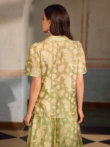 ZEYLAH Women's Elegant Cut-Out Single Breasted Short Sleeve Blouse, Spring/Summer - Green - View 3