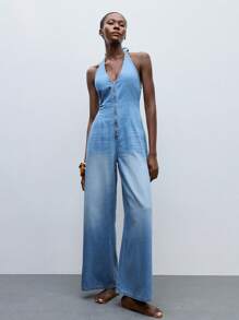 Maija 女式蓝色牛仔无袖吊带连体裤 - 淺色水洗藍 - 查看 2