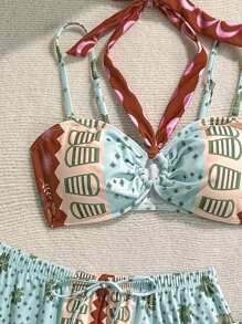 Soleia 女士泳衣 女士沙滩装 泳装 度假沙滩罩衫 三件套 女士新款渐变图案 浪漫优雅性感派对印花挂脖系带比基尼迷你裙泳装套装 波西米亚风套装 夏季两件套 两件套夏季套装 夏季两件套 两件套沙滩装