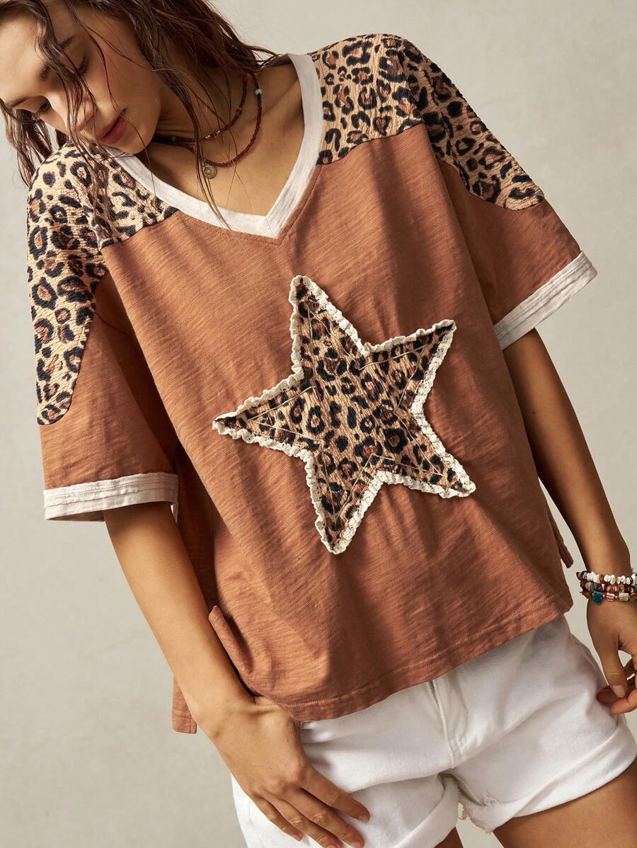 Bohemela Plus Size Women Leopard Print Patchwork Contrast Trim V-Neck Loose T-Shirt, Casual Street Fashion, Summer,Vintage,Vintage