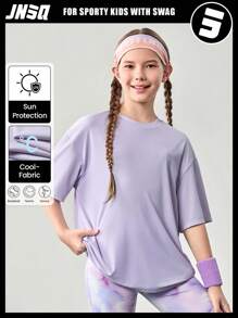 JNSQ T-shirt de sport professionnel pour extérieur pour préadolescentes retournant à l'école, t-shirt de sport ample à col rond pour enfants avec patchwork en maille et impression réfléchissante 3M