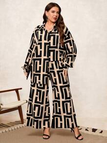 SHEIN Clasi Curve Plus Size Khaki Elegant Business Commuting Casual All-Over Print Lantern Sleeve Shirt + Wide Leg Pants 2 Pieces Set, Autumn And Winter
