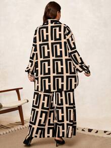 SHEIN Clasi Curve Plus Size Khaki Elegant Business Commuting Casual All-Over Print Lantern Sleeve Shirt + Wide Leg Pants 2 Pieces Set, Autumn And Winter