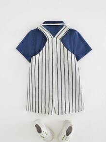 Cozy Pixies 2 Stücke Baby Jungen geripptes weiches Kragen Kurzarm Top mit halber Knopfleiste und gestreifter Latzhose-Shorts Set