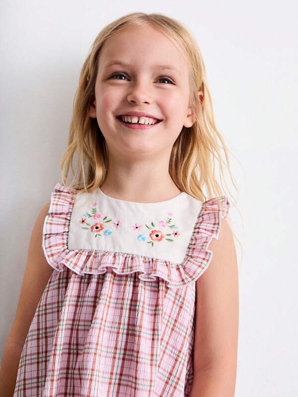 THE HAPPY LOOK Young Girls Cute Embroidered Collar Ruffle Hem Sleeveless Dress, Summer