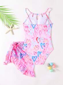 SHEIN 女童连体泳衣，心形印花图案，网眼，时尚两件套 - 淺粉色 - 查看 2