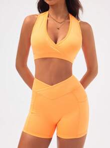 SHEIN Sovereign Charm 女士纯色短款背心和短裤两件套运动服套装 - 橘色 - 查看 4