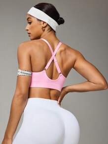 SHEIN Sport Studio 1pc Base Layer Moisture-Wicking Crossback Adjustable Sport Bra, Pink, Suitable For Fitness/Yoga