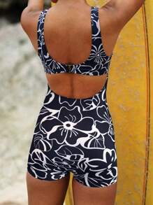 Swim SPRTY 女士沙滩/夏季休闲无袖随机印花圆领露背连体裤泳装/冲浪装 - 黑與白 - 查看 2