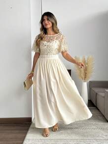 SHEIN Clasi Plus Size Women's Gold Summer Elegant Wedding Guest Sequin & Beaded Floral Pattern Mesh Panel Shiny Maxi Dress,Ladies Party Wedding Cocktail Gown - Champagne - View 3