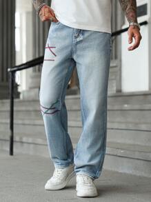 Manfinity LEGND 男士直筒宽松休闲百搭宽松牛仔裤，带口袋 - 藍色 - 查看 7
