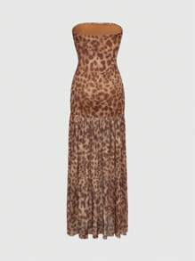 ROMWE Grunge Punk Summer Graduation Prom Leopard Print Split Front Long Maxi Dress For Women,Cheetah Print Dress - Multicolor - View 2