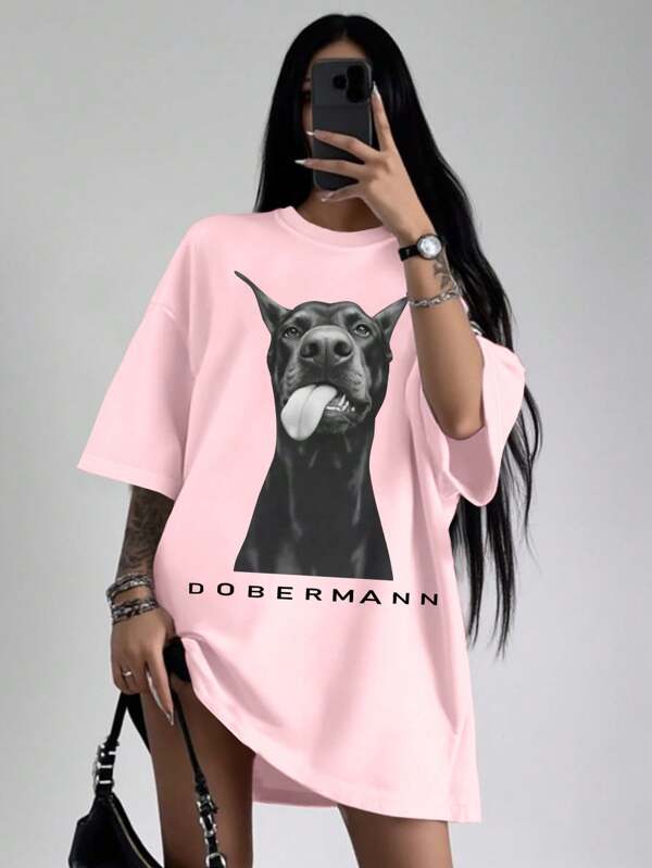 INAWLY Solva Tricou pentru femei cu mânecă căzută, stil hip-hop, cu imprimeu de litere și câini