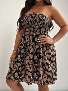 SHEIN VCAY Plus Allover Print Shirred Tube Summer Dress - Brown - View 4